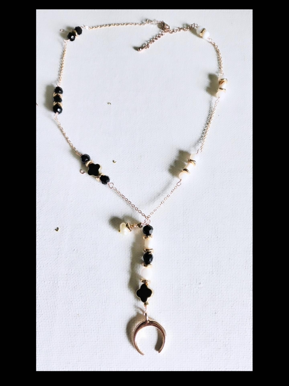 Delicate Opal Beaded Y-Necklace with Rose Gold Crescent Pendant